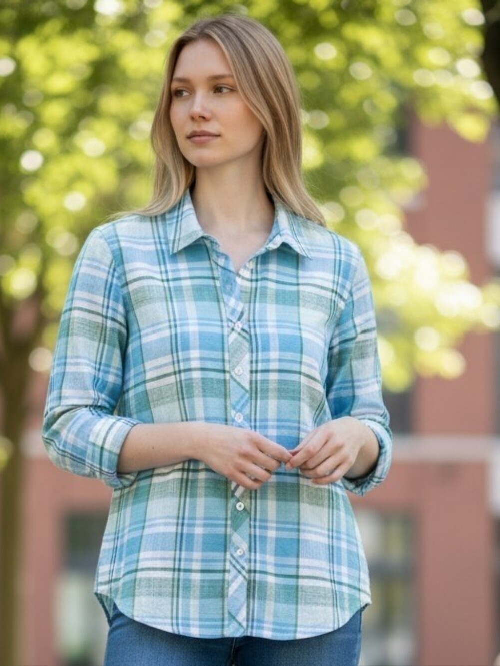 Talbots Lightweight Cotton Blue and Green Plaid Button-Down Shirt